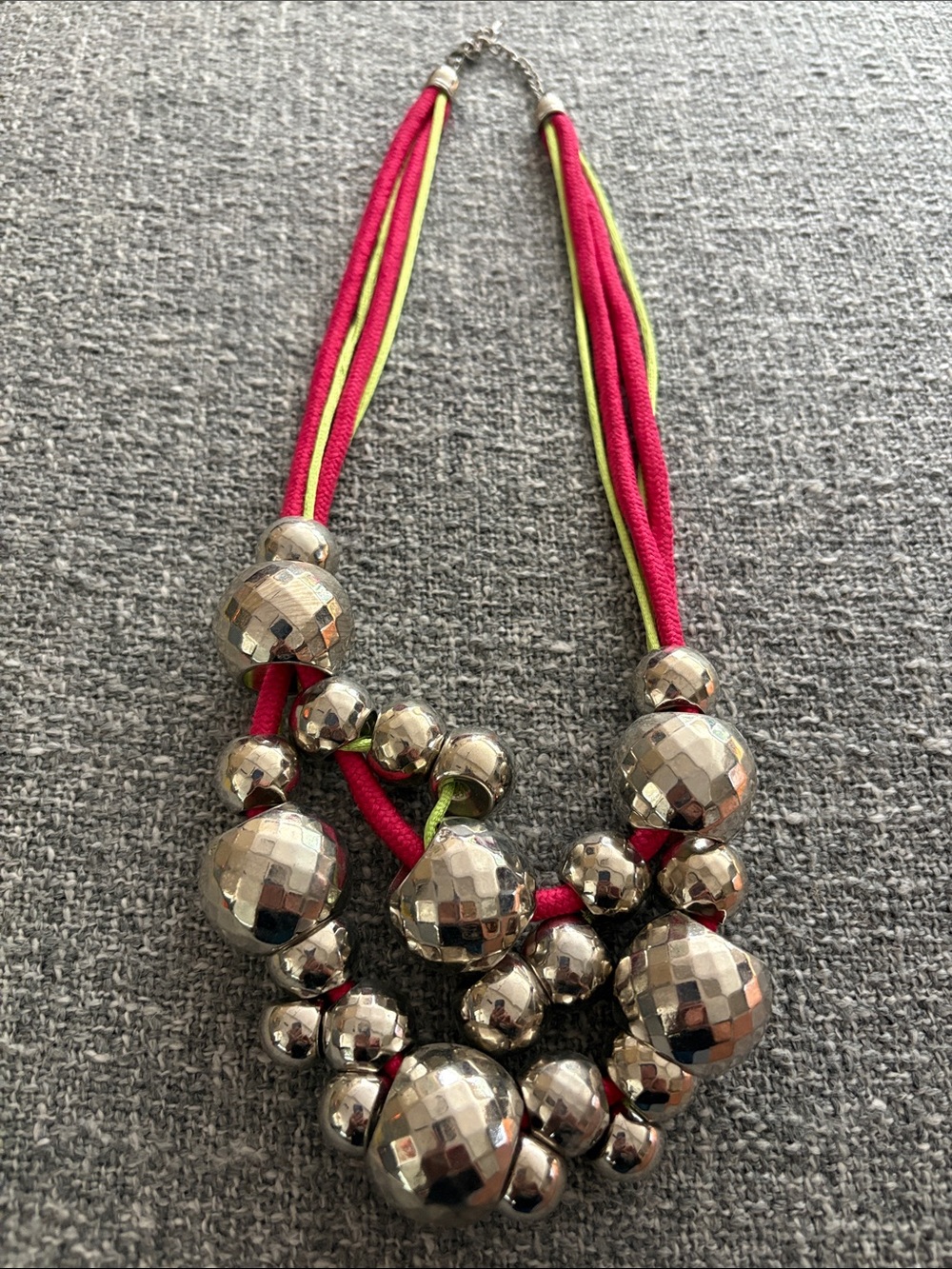 Silver Faceted Ball Necklace with Pink and Lime Cords